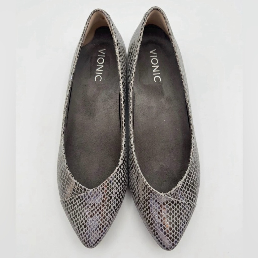 Vionic Caballo Gunmetal Metallic Snake Print Pointed Toe Ballet Flats - Size 7